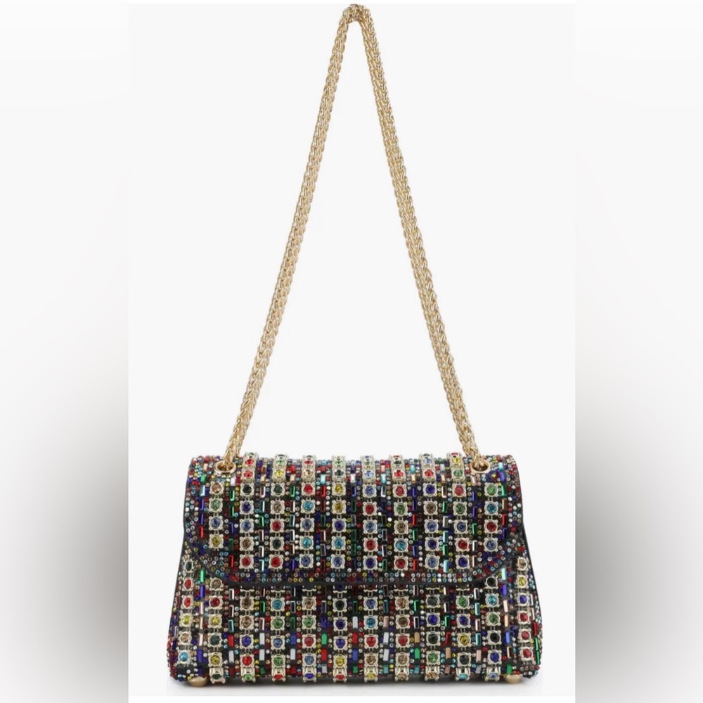 Elegant Multicolor Rhinestone Clutch with Gold Chain - Picture 10 of 10